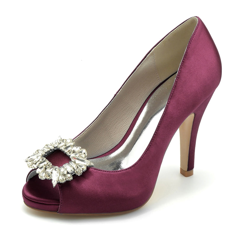 Women's Wedding Shoes Champagne Open Toe Elegant Bridal Shoes with Square Rhinestone