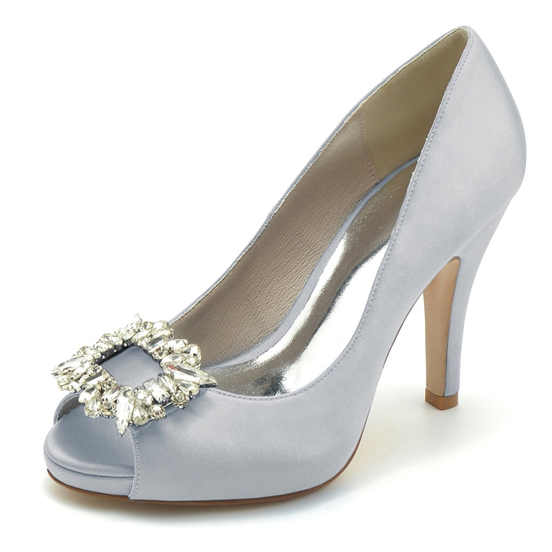 Women's Wedding Shoes Champagne Open Toe Elegant Bridal Shoes with Square Rhinestone