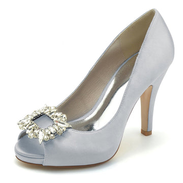 Women's Wedding Shoes Champagne Open Toe Elegant Bridal Shoes with Square Rhinestone
