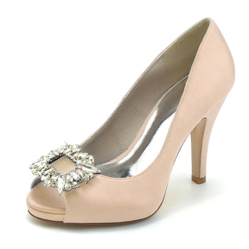 Women's Wedding Shoes Champagne Open Toe Elegant Bridal Shoes with Square Rhinestone