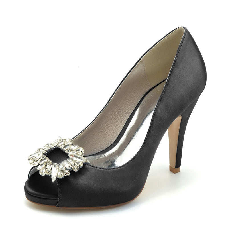 Women's Wedding Shoes Champagne Open Toe Elegant Bridal Shoes with Square Rhinestone