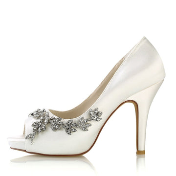 Women's Wedding Shoes White Peep Toe High Heel Luxurious Rhinestone Bridal Shoes