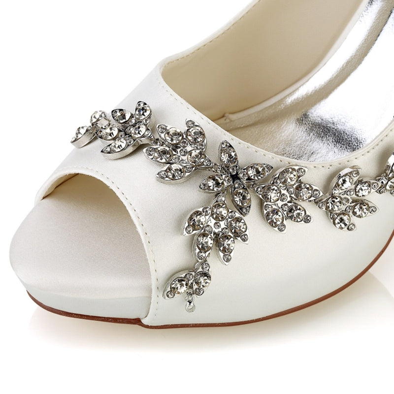 Women's Wedding Shoes White Peep Toe High Heel Luxurious Rhinestone Bridal Shoes