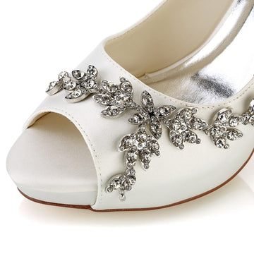 Women's Wedding Shoes White Peep Toe High Heel Luxurious Rhinestone Bridal Shoes