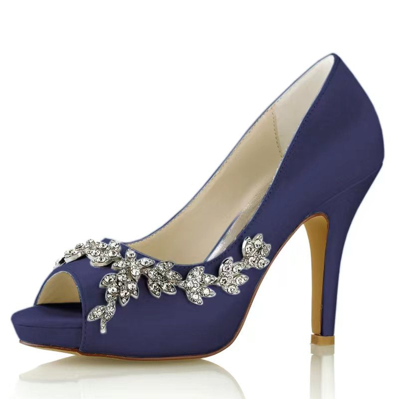 Women's Wedding Shoes White Peep Toe High Heel Luxurious Rhinestone Bridal Shoes