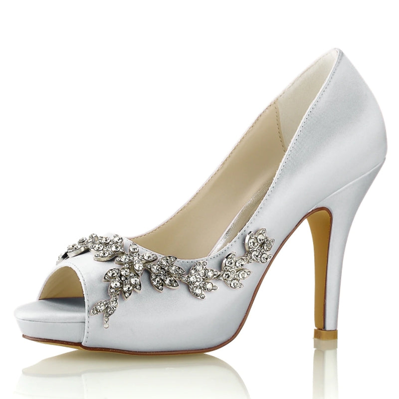 Women's Wedding Shoes White Peep Toe High Heel Luxurious Rhinestone Bridal Shoes