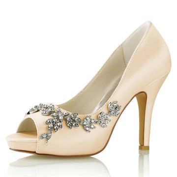 Women's Wedding Shoes White Peep Toe High Heel Luxurious Rhinestone Bridal Shoes