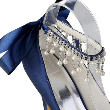 Women's Wedding Shoes Thick Sole Peep Toe Buckle Bridal Shoes with Pearl Tassel & Bow