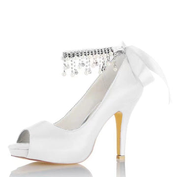 Women's Wedding Shoes Thick Sole Peep Toe Buckle Bridal Shoes with Pearl Tassel & Bow