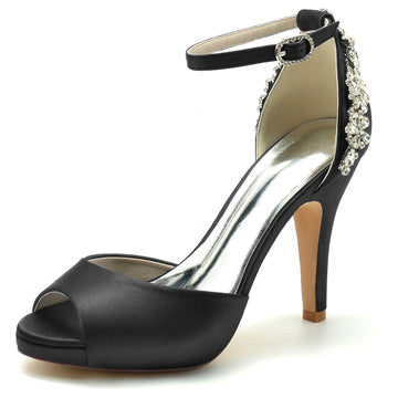 Women's Wedding Shoes Peep Toe Stiletto Heel Exquisite Buckle Bridal Shoes with Rhinestone
