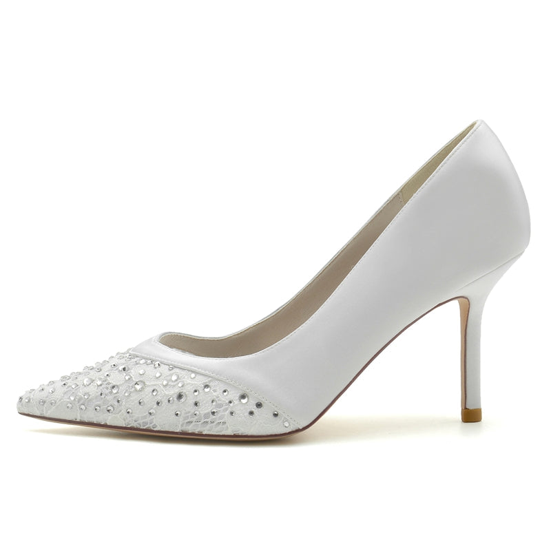 Women's Wedding Shoes Pointed Toe Stiletto Heel Lace Bridal Shoes with Mini Crystal