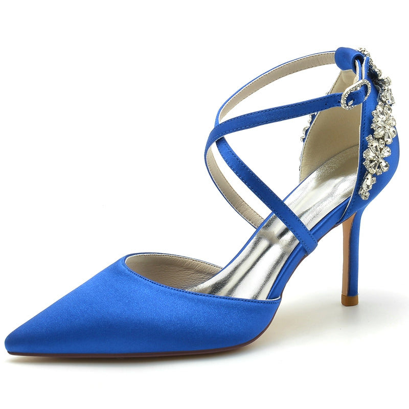 Women's Wedding Shoes Pointed Toe High Heel Crossed Straps Buckle Bridal Shoes with Rhinestone