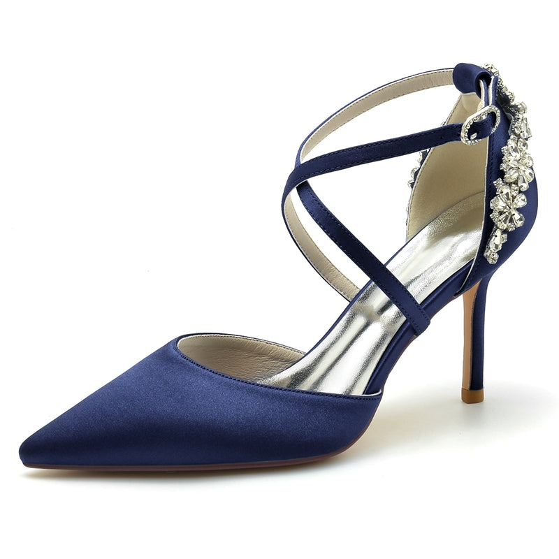 Women's Wedding Shoes Pointed Toe High Heel Crossed Straps Buckle Bridal Shoes with Rhinestone