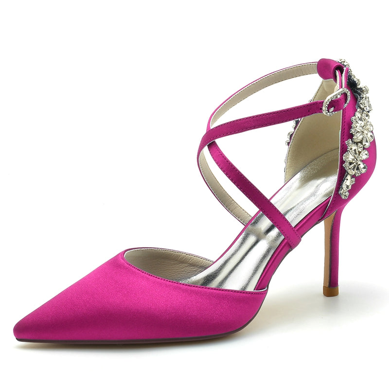 Women's Wedding Shoes Pointed Toe High Heel Crossed Straps Buckle Bridal Shoes with Rhinestone