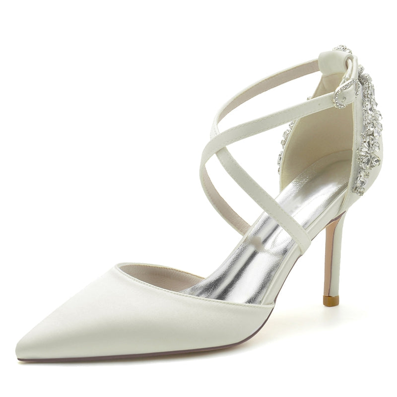 Women's Wedding Shoes Pointed Toe High Heel Crossed Straps Buckle Bridal Shoes with Rhinestone