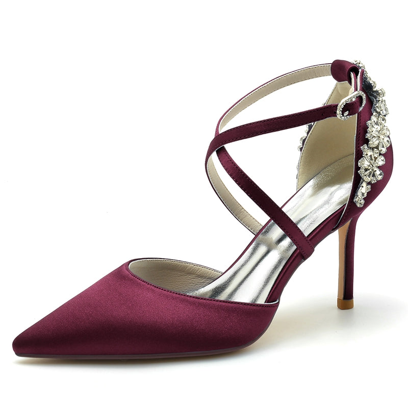 Women's Wedding Shoes Pointed Toe High Heel Crossed Straps Buckle Bridal Shoes with Rhinestone