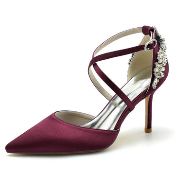 Women's Wedding Shoes Pointed Toe High Heel Crossed Straps Buckle Bridal Shoes with Rhinestone