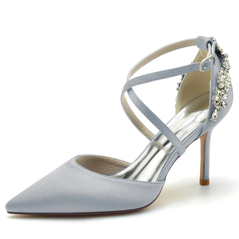 Women's Wedding Shoes Pointed Toe High Heel Crossed Straps Buckle Bridal Shoes with Rhinestone
