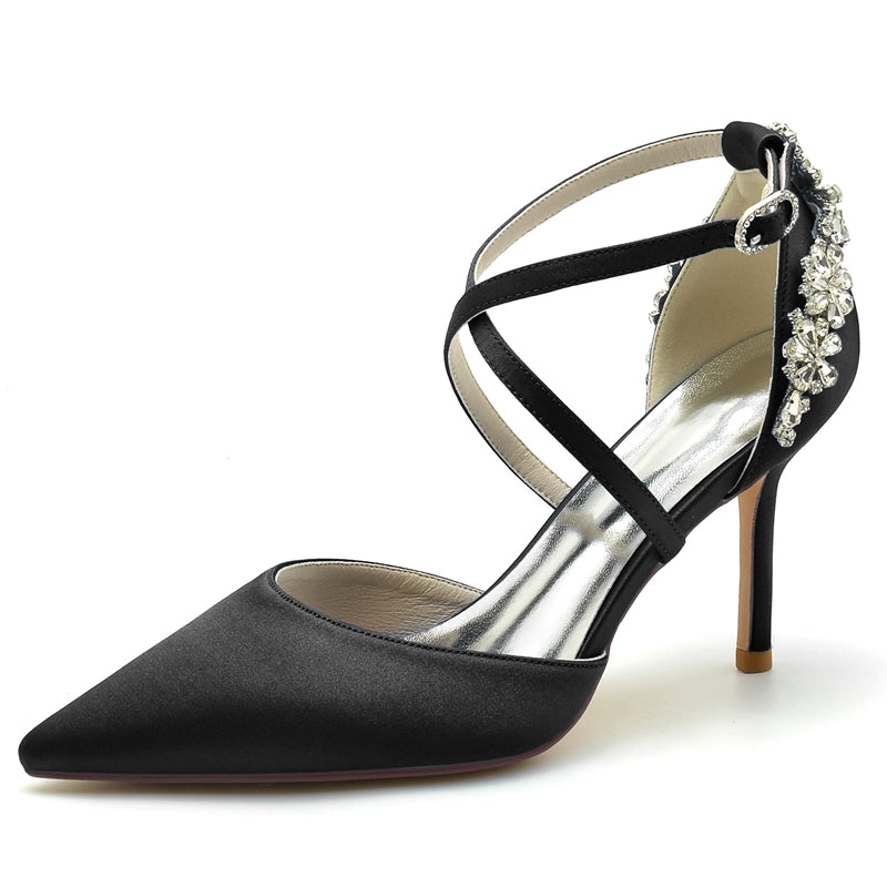 Women's Wedding Shoes Pointed Toe High Heel Crossed Straps Buckle Bridal Shoes with Rhinestone