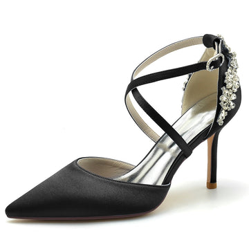 Women's Wedding Shoes Pointed Toe High Heel Crossed Straps Buckle Bridal Shoes with Rhinestone