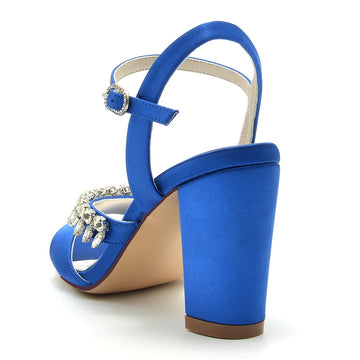 Women's Wedding Shoes Opened Toe Chunky Heel Buckle Bridal Shoes with Rhinestone Straps
