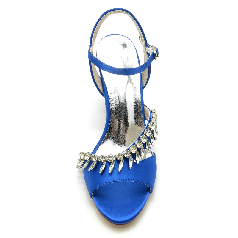 Women's Wedding Shoes Opened Toe Chunky Heel Buckle Bridal Shoes with Rhinestone Straps