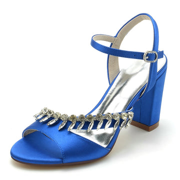 Women's Wedding Shoes Opened Toe Chunky Heel Buckle Bridal Shoes with Rhinestone Straps