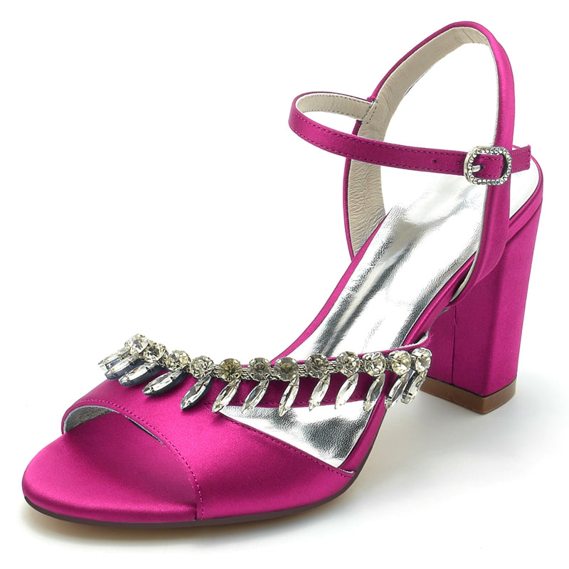 Women's Wedding Shoes Opened Toe Chunky Heel Buckle Bridal Shoes with Rhinestone Straps
