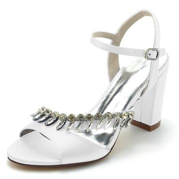 Women's Wedding Shoes Opened Toe Chunky Heel Buckle Bridal Shoes with Rhinestone Straps
