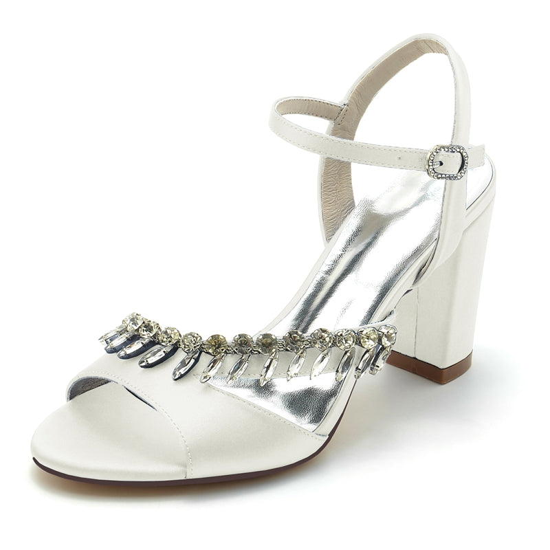Women's Wedding Shoes Opened Toe Chunky Heel Buckle Bridal Shoes with Rhinestone Straps