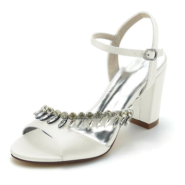 Women's Wedding Shoes Opened Toe Chunky Heel Buckle Bridal Shoes with Rhinestone Straps