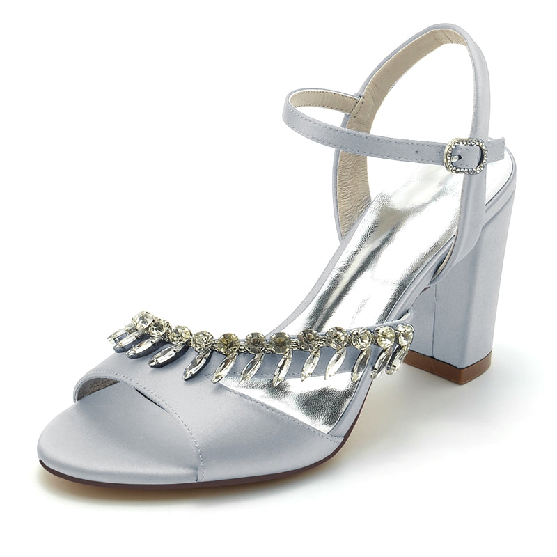 Women's Wedding Shoes Opened Toe Chunky Heel Buckle Bridal Shoes with Rhinestone Straps