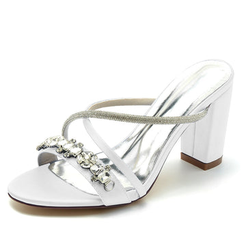 Women's Wedding Shoes Opened Toe Crossed Straps Slip-On Sparkling Bridal Shoes with Rhinestone