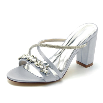 Women's Wedding Shoes Opened Toe Crossed Straps Slip-On Sparkling Bridal Shoes with Rhinestone
