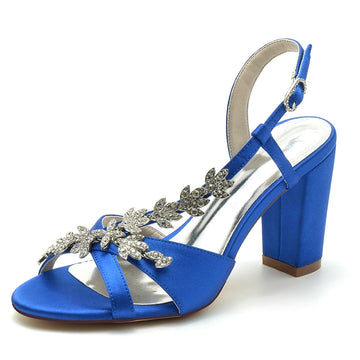 Women's Wedding Shoes Opened Toe Block Heel Rhinestone Leaves Elegant Bridal Shoes