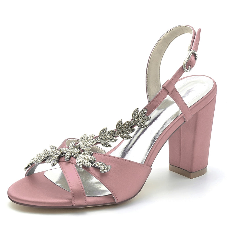 Women's Wedding Shoes Opened Toe Block Heel Rhinestone Leaves Elegant Bridal Shoes