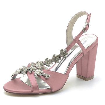 Women's Wedding Shoes Opened Toe Block Heel Rhinestone Leaves Elegant Bridal Shoes