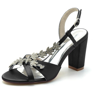 Women's Wedding Shoes Opened Toe Block Heel Rhinestone Leaves Elegant Bridal Shoes
