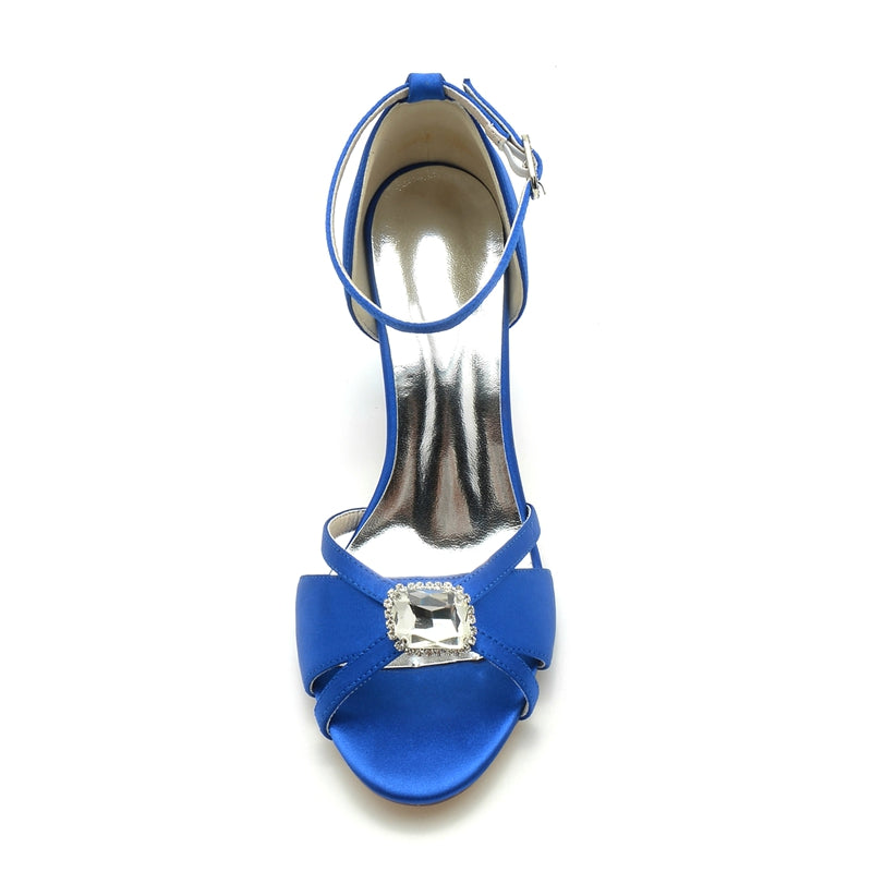 Women's Wedding Shoes Royal Blue Opened Toe Block Heel Bridal Shoes with Square Rhinestone