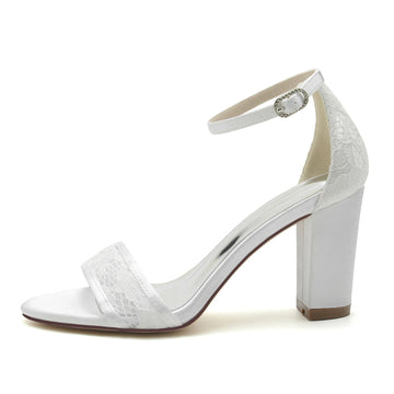 Women's Wedding Shoes Black Opened Toe Chunky Heel Exquisite Lace Buckle Bridal Shoes