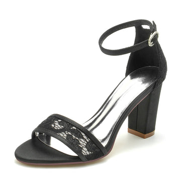 Women's Wedding Shoes Black Opened Toe Chunky Heel Exquisite Lace Buckle Bridal Shoes
