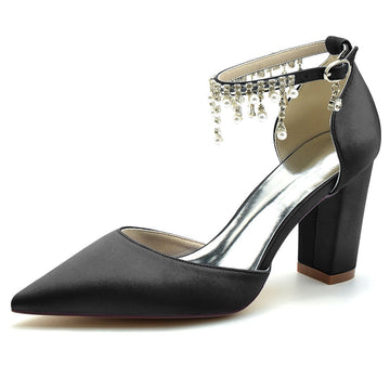 Women's Wedding Shoes Pointed Toe Block Heel Graceful Buckle Bridal Shoes with Pearl Tassels