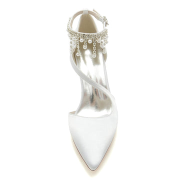 Women's Wedding Shoes Pointed Toe Crossed Strap Buckle Bridal Shoes with Pearl Tassels