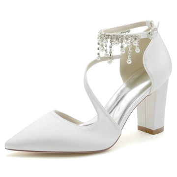 Women's Wedding Shoes Pointed Toe Crossed Strap Buckle Bridal Shoes with Pearl Tassels