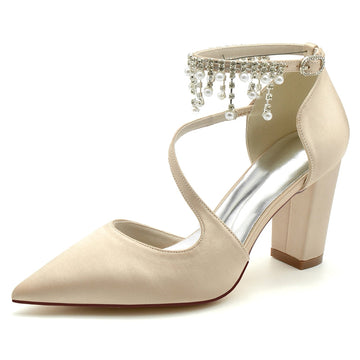 Women's Wedding Shoes Pointed Toe Crossed Strap Buckle Bridal Shoes with Pearl Tassels