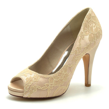 Women's Wedding Shoes Peep Toe High Heel  Lace Elegant Bridal Shoes