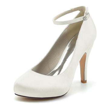 Women's Wedding Shoes Retro Closed Round Toe High Heel Buckle Bridal Shoes