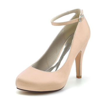 Women's Wedding Shoes Retro Closed Round Toe High Heel Buckle Bridal Shoes