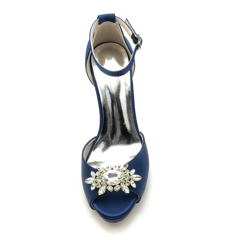 Women's Wedding Shoes Thick Sole Peep Toe Stiletto Heel Buckle Bridal Shoes with Rhinestone