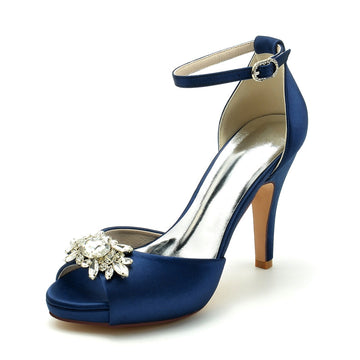 Women's Wedding Shoes Thick Sole Peep Toe Stiletto Heel Buckle Bridal Shoes with Rhinestone
